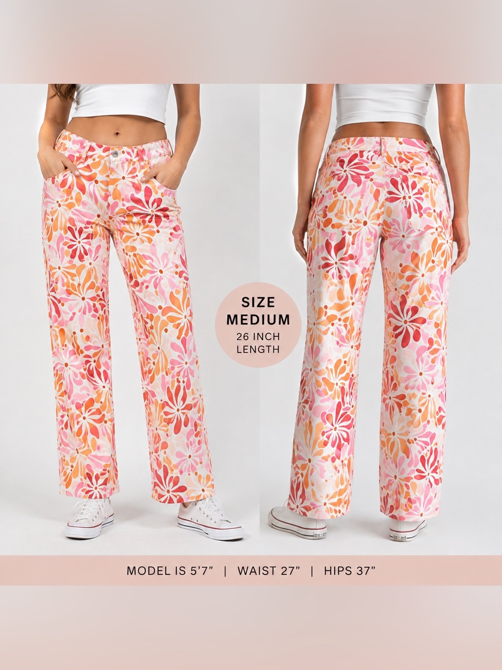 DAVI & DANI White Straight-Leg Jeans Pink & Orange Floral Pattern size M NEW